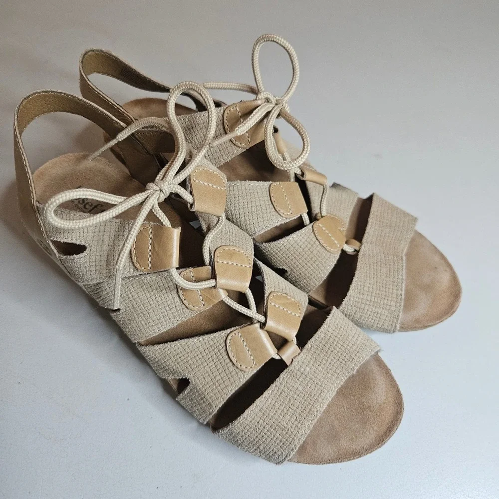 Josef Seibel Tonga Beige Leather Lace Up Strappy Sandal Heel‎ Womens 39 US 8 8.5